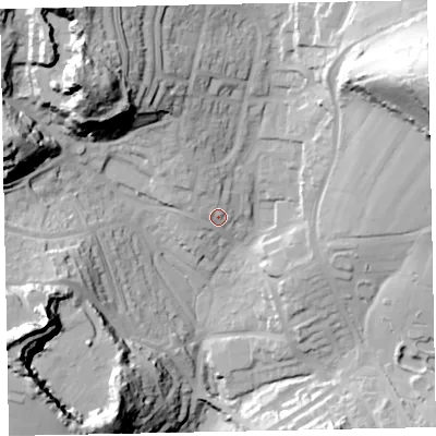 Shaded relief map of the ground around TQ28BJ, computed from Environment Agency LiDAR. The ground here sits at about 72 m above sea level and falls 62 m across the surrounding 800 m. Surface water reaching this point runs off ground lying to the north-north-west, 8.1 m higher.