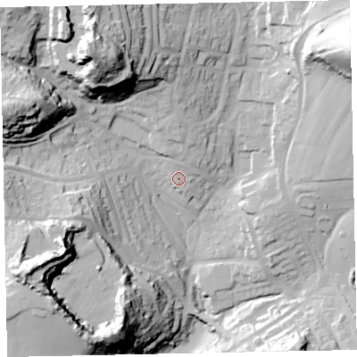 Shaded relief map of the ground around TQ28BL, computed from Environment Agency LiDAR. The ground here sits at about 71 m above sea level and falls 60 m across the surrounding 800 m. Surface water reaching this point runs off ground lying to the north-north-east, 2.5 m higher.