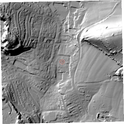 Shaded relief map of the ground around TQ28BR, computed from Environment Agency LiDAR. The ground here sits at about 72 m above sea level and falls 63 m across the surrounding 800 m. Surface water reaching this point runs off ground lying to the east-north-east, 8.5 m higher.