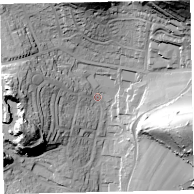 Shaded relief map of the ground around TQ28DB, computed from Environment Agency LiDAR. The ground here sits at about 79 m above sea level and falls 82 m across the surrounding 800 m. Surface water reaching this point runs off ground lying to the north-north-east, 52.2 m higher.