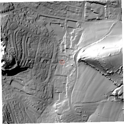 Shaded relief map of the ground around TQ28DD, computed from Environment Agency LiDAR. The ground here sits at about 73 m above sea level and falls 62 m across the surrounding 800 m. Surface water reaching this point runs off ground lying to the east, 53.5 m higher.