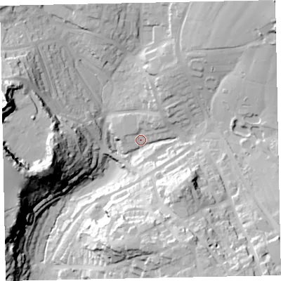 Shaded relief map of the ground around TQ28DT, computed from Environment Agency LiDAR. The ground here sits at about 65 m above sea level and falls 62 m across the surrounding 800 m. Surface water reaching this point runs off ground lying to the north-east, 40.6 m higher.