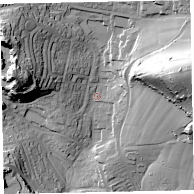 Shaded relief map of the ground around TQ28DU, computed from Environment Agency LiDAR. The ground here sits at about 73 m above sea level and falls 62 m across the surrounding 800 m. Surface water reaching this point runs off ground lying to the east-north-east, 54.1 m higher.
