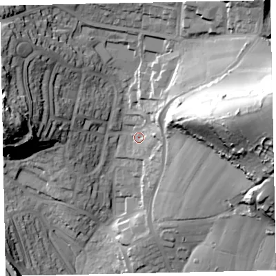 Shaded relief map of the ground around TQ28DX, computed from Environment Agency LiDAR. The ground here sits at about 74 m above sea level and falls 63 m across the surrounding 800 m. Surface water reaching this point runs off ground lying to the east-north-east, 50.5 m higher.