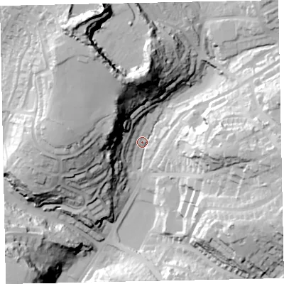 Shaded relief map of the ground around TQ28DZ, computed from Environment Agency LiDAR. The ground here sits at about 56 m above sea level and falls 67 m across the surrounding 800 m. Surface water reaching this point runs off ground lying to the north, 49.2 m higher.