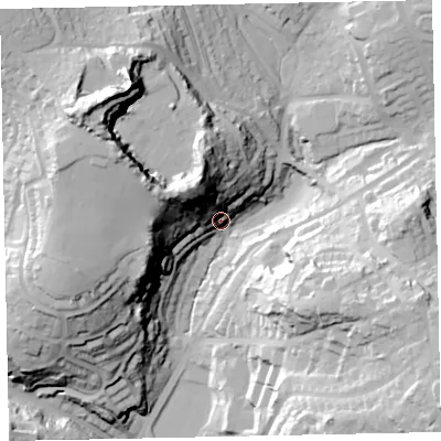 Shaded relief map of the ground around TQ28EA, computed from Environment Agency LiDAR. The ground here sits at about 66 m above sea level and falls 64 m across the surrounding 800 m. Surface water reaching this point runs off ground lying to the north-west, 43.0 m higher.