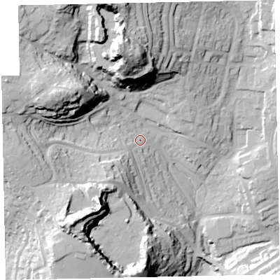 Shaded relief map of the ground around TQ28HB, computed from Environment Agency LiDAR. The ground here sits at about 73 m above sea level and falls 58 m across the surrounding 800 m. Surface water reaching this point runs off ground lying to the south-west, 26.5 m higher.