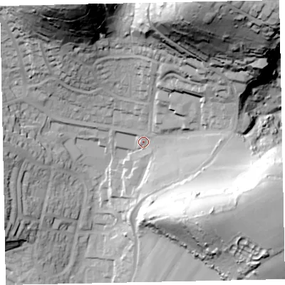 Shaded relief map of the ground around TQ28NL, computed from Environment Agency LiDAR. The ground here sits at about 85 m above sea level and falls 94 m across the surrounding 800 m. Surface water reaching this point runs off ground lying to the north-north-east, 82.5 m higher.