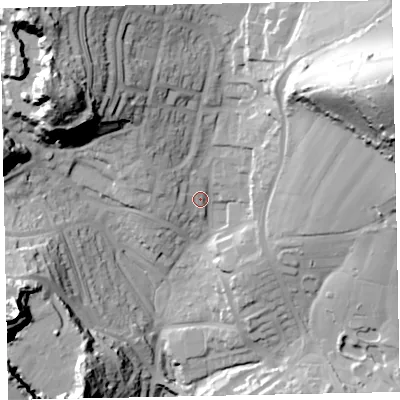 Shaded relief map of the ground around TQ28SA, computed from Environment Agency LiDAR. The ground here sits at about 71 m above sea level and falls 65 m across the surrounding 800 m. Surface water reaching this point runs off ground lying to the east-north-east, 56.6 m higher.