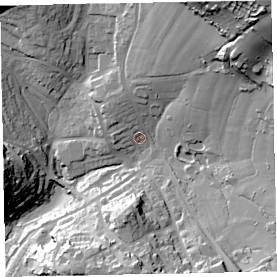 Shaded relief map of the ground around TQ28SB, computed from Environment Agency LiDAR. The ground here sits at about 70 m above sea level and falls 67 m across the surrounding 800 m. Surface water reaching this point runs off ground lying to the north-north-east, 7.7 m higher.