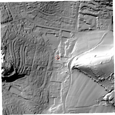 Shaded relief map of the ground around TQ28SD, computed from Environment Agency LiDAR. The ground here sits at about 77 m above sea level and falls 62 m across the surrounding 800 m. Surface water reaching this point runs off ground lying to the north-east, 52.5 m higher.