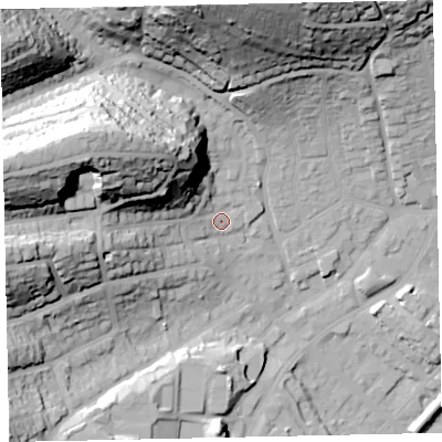 Shaded relief map of the ground around TQ31LR, computed from Environment Agency LiDAR. The ground here sits at about 15 m above sea level and falls 62 m across the surrounding 800 m. Surface water reaching this point runs off ground lying to the west-north-west, 46.3 m higher.