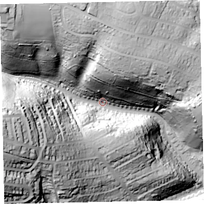 Shaded relief map of the ground around TQ31QS, computed from Environment Agency LiDAR. The ground here sits at about 53 m above sea level and falls 102 m across the surrounding 800 m. Surface water reaching this point runs off ground lying to the west-south-west, 79.7 m higher.