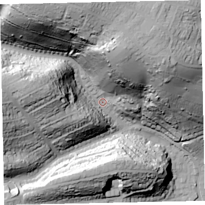 Shaded relief map of the ground around TQ31QU, computed from Environment Agency LiDAR. The ground here sits at about 33 m above sea level and falls 99 m across the surrounding 800 m. Surface water reaching this point runs off ground lying to the north-north-west, 79.5 m higher.