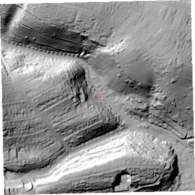 Shaded relief map of the ground around TQ31QX, computed from Environment Agency LiDAR. The ground here sits at about 37 m above sea level and falls 98 m across the surrounding 800 m. Surface water reaching this point runs off ground lying to the north-north-west, 78.8 m higher.