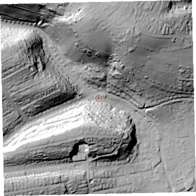 Shaded relief map of the ground around TQ31QY, computed from Environment Agency LiDAR. The ground here sits at about 26 m above sea level and falls 91 m across the surrounding 800 m. Surface water reaching this point runs off ground lying to the north-north-west, 76.0 m higher.