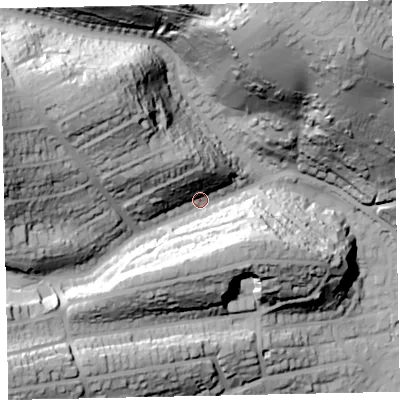 Shaded relief map of the ground around TQ31RB, computed from Environment Agency LiDAR. The ground here sits at about 34 m above sea level and falls 90 m across the surrounding 800 m. Surface water reaching this point runs off ground lying to the west-north-west, 54.3 m higher.