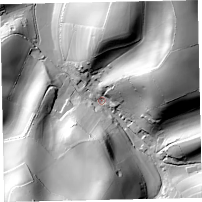 Shaded relief map of the ground around TQ31TA, computed from Environment Agency LiDAR. The ground here sits at about 62 m above sea level and falls 84 m across the surrounding 800 m. Surface water reaching this point runs off ground lying to the east-north-east, 65.0 m higher.