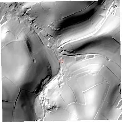 Shaded relief map of the ground around TQ31TD, computed from Environment Agency LiDAR. The ground here sits at about 67 m above sea level and falls 84 m across the surrounding 800 m. Surface water reaching this point runs off ground lying to the south-south-east, 77.5 m higher.