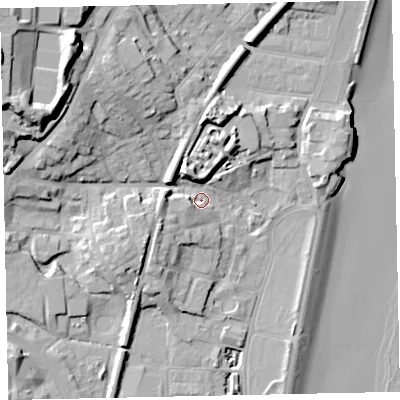 Shaded relief map of the ground around TQ32BA, computed from Environment Agency LiDAR. The ground here sits at about 4 m above sea level and falls 29 m across the surrounding 800 m. Surface water reaching this point runs off ground lying to the north-west, 12.1 m higher.