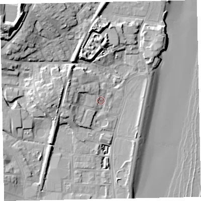 Shaded relief map of the ground around TQ32BE, computed from Environment Agency LiDAR. The ground here sits at about 4 m above sea level and falls 26 m across the surrounding 800 m. Surface water reaching this point runs off ground lying to the west, 6.4 m higher.