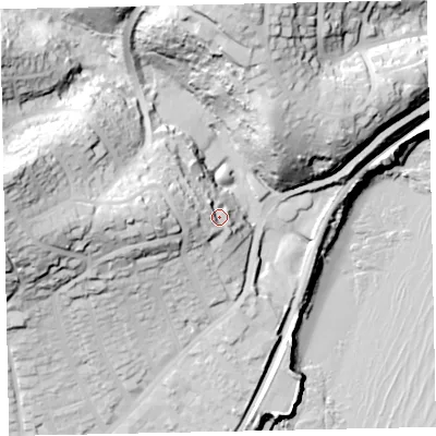 Shaded relief map of the ground around TQ32DT, computed from Environment Agency LiDAR. The ground here sits at about 29 m above sea level and falls 70 m across the surrounding 800 m. Surface water reaching this point runs off ground lying to the west-north-west, 13.3 m higher.