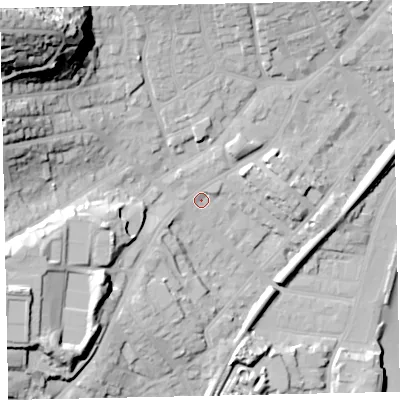 Shaded relief map of the ground around TQ32HN, computed from Environment Agency LiDAR. The ground here sits at about 8 m above sea level and falls 59 m across the surrounding 800 m. Surface water reaching this point runs off ground lying to the east-north-east, 4.5 m higher.