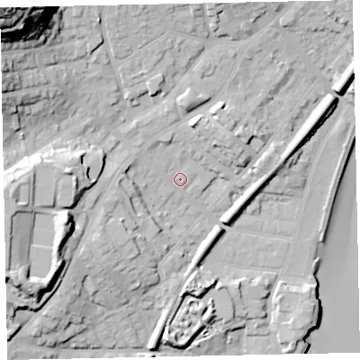 Shaded relief map of the ground around TQ32HR, computed from Environment Agency LiDAR. The ground here sits at about 7 m above sea level and falls 51 m across the surrounding 800 m. Surface water reaching this point runs off ground lying to the north-west, 38.2 m higher.