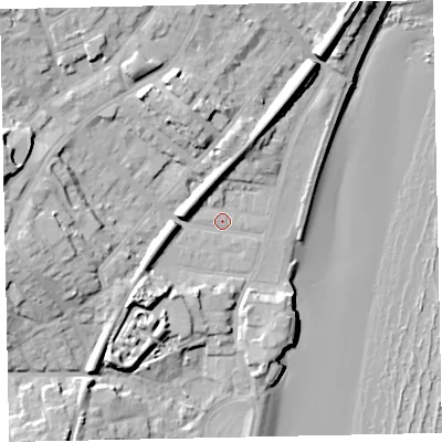 Shaded relief map of the ground around TQ32HS, computed from Environment Agency LiDAR. The ground here sits at about 4 m above sea level and falls 21 m across the surrounding 800 m. Surface water reaching this point runs off ground lying to the west-north-west, 14.3 m higher.