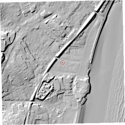 Shaded relief map of the ground around TQ32HT, computed from Environment Agency LiDAR. The ground here sits at about 5 m above sea level and falls 30 m across the surrounding 800 m. Surface water reaching this point runs off ground lying to the west, 23.0 m higher.