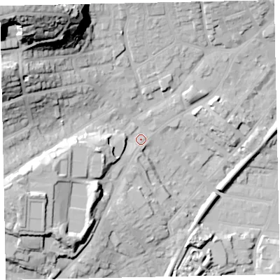 Shaded relief map of the ground around TQ32HW, computed from Environment Agency LiDAR. The ground here sits at about 10 m above sea level and falls 56 m across the surrounding 800 m. Surface water reaching this point runs off ground lying to the west-south-west, 19.2 m higher.