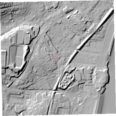 Shaded relief map of the ground around TQ32HY, computed from Environment Agency LiDAR. The ground here sits at about 10 m above sea level and falls 34 m across the surrounding 800 m. Surface water reaching this point runs off ground lying to the west, 6.8 m higher.