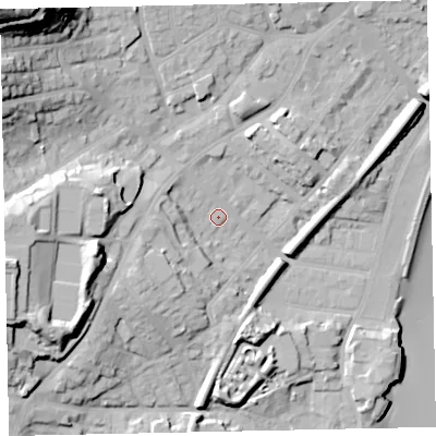 Shaded relief map of the ground around TQ32HZ, computed from Environment Agency LiDAR. The ground here sits at about 7 m above sea level and falls 48 m across the surrounding 800 m. Surface water reaching this point runs off ground lying to the south-west, 9.2 m higher.