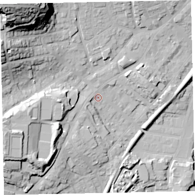 Shaded relief map of the ground around TQ32JB, computed from Environment Agency LiDAR. The ground here sits at about 8 m above sea level and falls 58 m across the surrounding 800 m. Surface water reaching this point runs off ground lying to the north-west, 50.5 m higher.