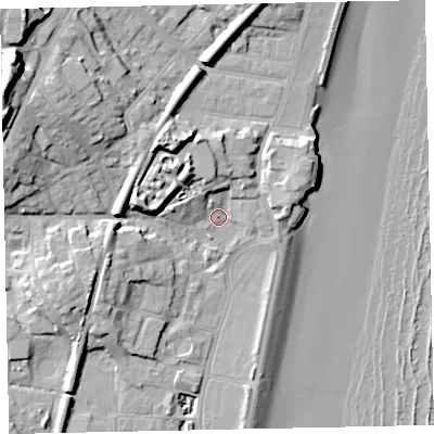 Shaded relief map of the ground around TQ32NH, computed from Environment Agency LiDAR. The ground here sits at about 4 m above sea level and falls 30 m across the surrounding 800 m. Surface water reaching this point runs off ground lying to the north, 5.5 m higher.
