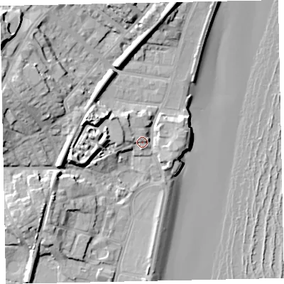 Shaded relief map of the ground around TQ32NJ, computed from Environment Agency LiDAR. The ground here sits at about 6 m above sea level and falls 21 m across the surrounding 800 m. Surface water reaching this point runs off ground lying to the west, 3.3 m higher.