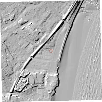 Shaded relief map of the ground around TQ32NS, computed from Environment Agency LiDAR. The ground here sits at about 4 m above sea level and falls 18 m across the surrounding 800 m. Surface water reaching this point runs off ground lying to the north-north-west, 6.5 m higher.