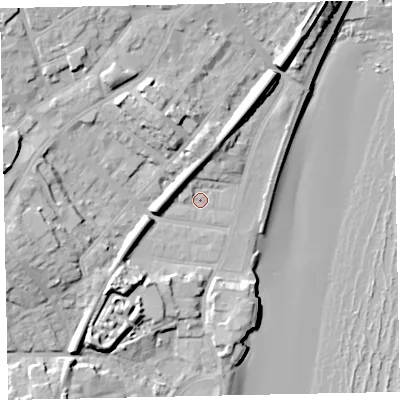 Shaded relief map of the ground around TQ32NT, computed from Environment Agency LiDAR. The ground here sits at about 4 m above sea level and falls 20 m across the surrounding 800 m. Surface water reaching this point runs off ground lying to the north-west, 6.0 m higher.
