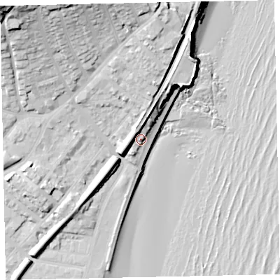 Shaded relief map of the ground around TQ32NU, computed from Environment Agency LiDAR. The ground here sits at about 8 m above sea level and falls 43 m across the surrounding 800 m. Surface water reaching this point runs off ground lying to the north, 8.1 m higher.