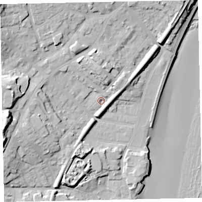 Shaded relief map of the ground around TQ32PN, computed from Environment Agency LiDAR. The ground here sits at about 5 m above sea level and falls 29 m across the surrounding 800 m. Surface water reaching this point runs off ground lying to the north-north-west, 7.5 m higher.