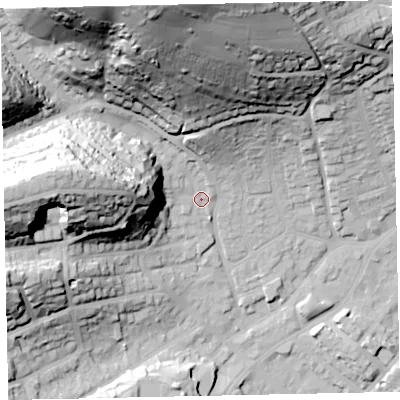 Shaded relief map of the ground around TQ32QJ, computed from Environment Agency LiDAR. The ground here sits at about 17 m above sea level and falls 82 m across the surrounding 800 m. Surface water reaching this point runs off ground lying to the north-north-west, 71.1 m higher.