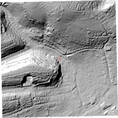 Shaded relief map of the ground around TQ32QL, computed from Environment Agency LiDAR. The ground here sits at about 21 m above sea level and falls 92 m across the surrounding 800 m. Surface water reaching this point runs off ground lying to the north-north-west, 80.0 m higher.