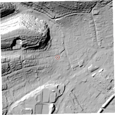 Shaded relief map of the ground around TQ32QS, computed from Environment Agency LiDAR. The ground here sits at about 13 m above sea level and falls 56 m across the surrounding 800 m. Surface water reaching this point runs off ground lying to the west-north-west, 47.9 m higher.