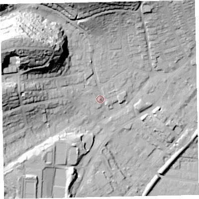 Shaded relief map of the ground around TQ32QT, computed from Environment Agency LiDAR. The ground here sits at about 12 m above sea level and falls 56 m across the surrounding 800 m. Surface water reaching this point runs off ground lying to the north-west, 49.4 m higher.
