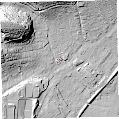 Shaded relief map of the ground around TQ32QU, computed from Environment Agency LiDAR. The ground here sits at about 11 m above sea level and falls 57 m across the surrounding 800 m. Surface water reaching this point runs off ground lying to the north-north-east, 2.6 m higher.
