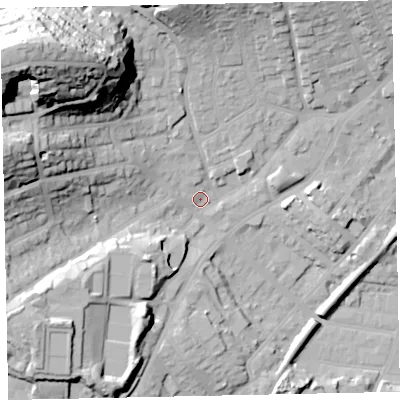 Shaded relief map of the ground around TQ32QX, computed from Environment Agency LiDAR. The ground here sits at about 10 m above sea level and falls 56 m across the surrounding 800 m. Surface water reaching this point runs off ground lying to the north-west, 50.6 m higher.