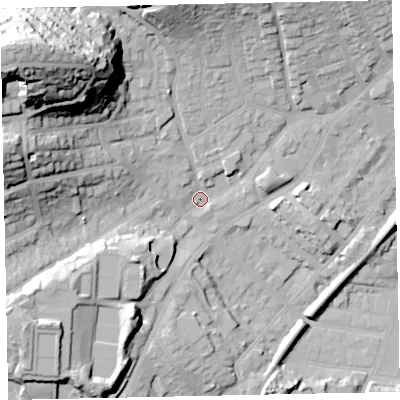 Shaded relief map of the ground around TQ32QY, computed from Environment Agency LiDAR. The ground here sits at about 9 m above sea level and falls 56 m across the surrounding 800 m. Surface water reaching this point runs off ground lying to the north-west, 50.6 m higher.