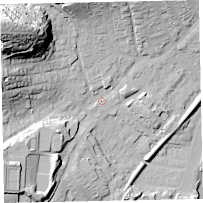 Shaded relief map of the ground around TQ32QZ, computed from Environment Agency LiDAR. The ground here sits at about 10 m above sea level and falls 59 m across the surrounding 800 m. Surface water reaching this point runs off ground lying to the north-north-east, 4.1 m higher.