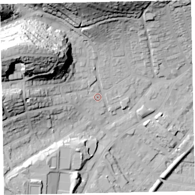 Shaded relief map of the ground around TQ32RS, computed from Environment Agency LiDAR. The ground here sits at about 13 m above sea level and falls 56 m across the surrounding 800 m. Surface water reaching this point runs off ground lying to the west-north-west, 48.1 m higher.