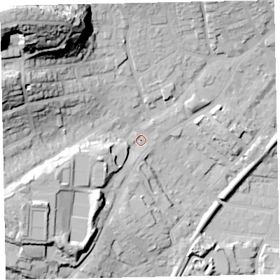 Shaded relief map of the ground around TQ32TH, computed from Environment Agency LiDAR. The ground here sits at about 9 m above sea level and falls 56 m across the surrounding 800 m. Surface water reaching this point runs off ground lying to the west-north-west, 31.8 m higher.